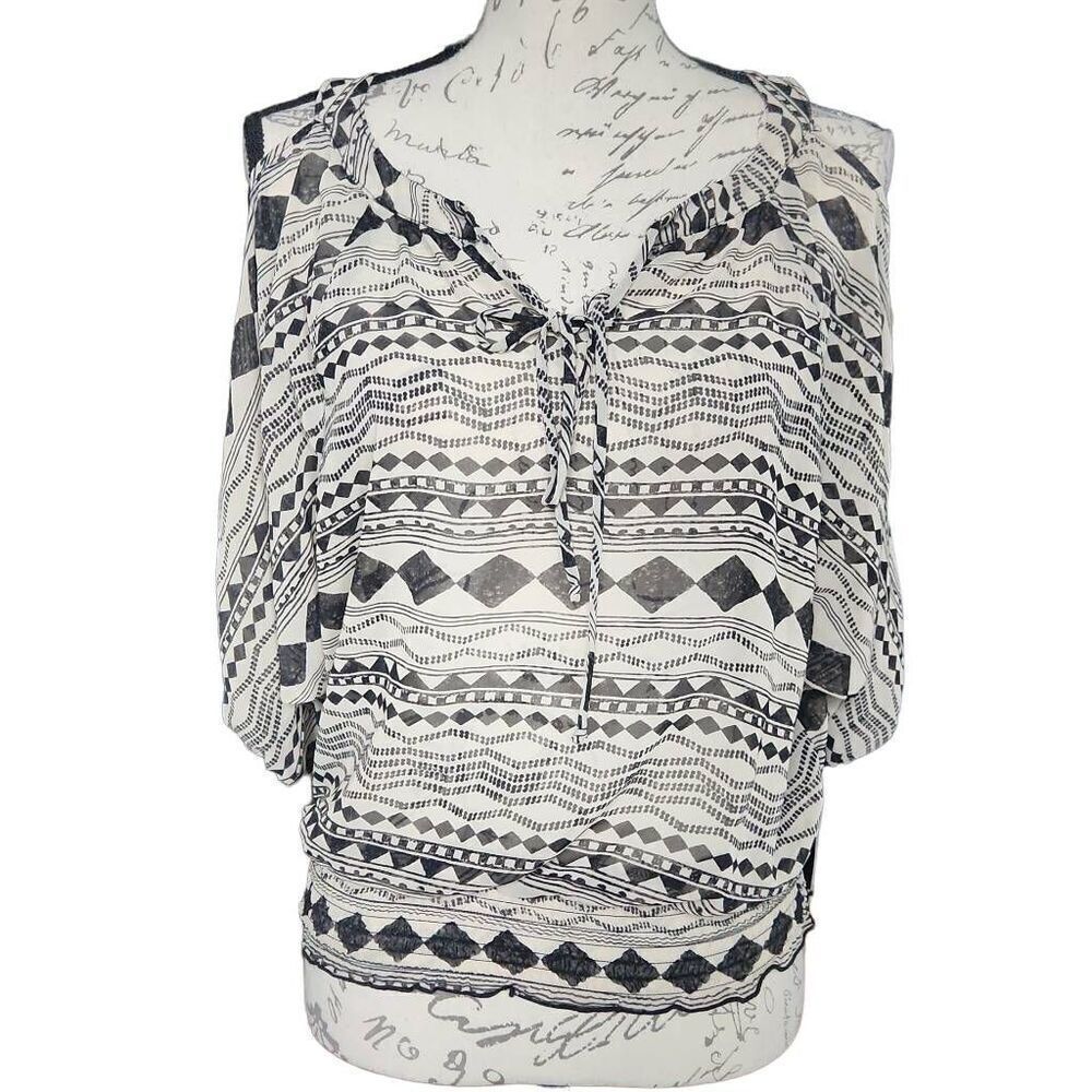 BCX Women's Size Small Tan Black Sheer Cole Shoulder Blouse